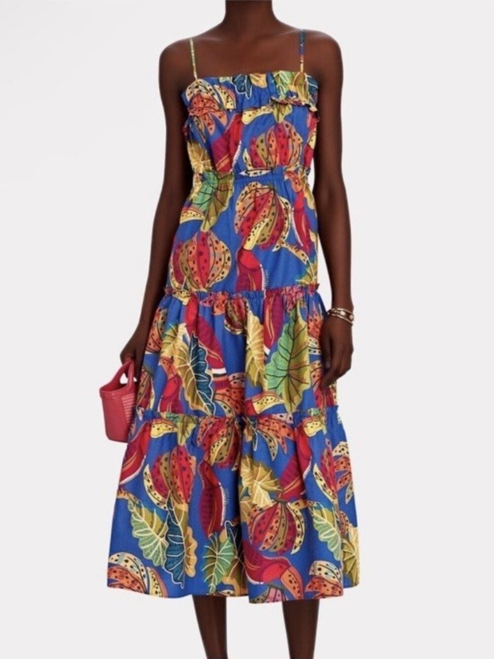 NWT FARM Rio XL Beaks & Bananas Midi Long Dress Strappy Ruffle Tiered Tropical